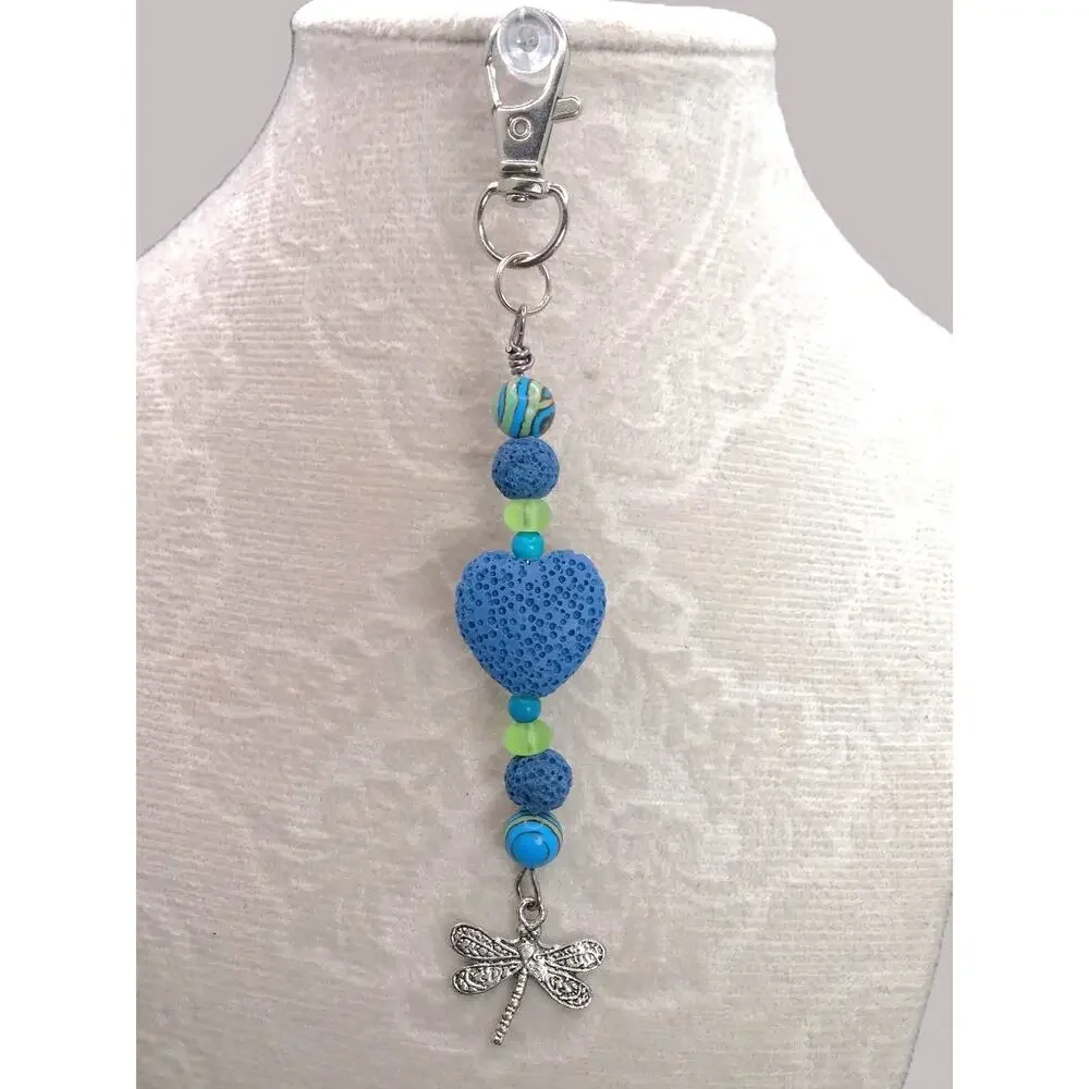 GIFT - Dragonfly Beaded Bag Charm Artisan Blue Heart Lava Stone Diffuser